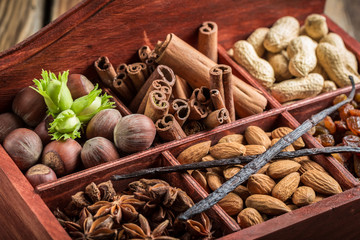 Closeup of ingredients and nuts for chocolate