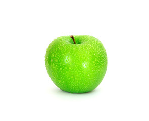 Single green fresh wet apple on white background