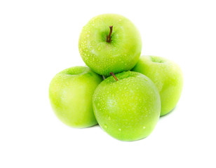 Group of fresh green wet apples on white background