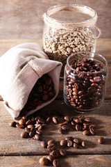 Coffee beans in fabric bag and glass jars