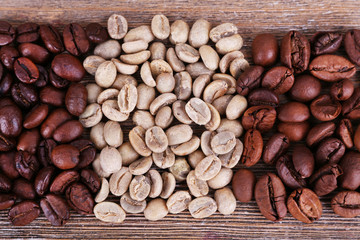 Coffee beans on wooden background