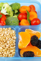 Tasty vegetarian food in plastic box, close up