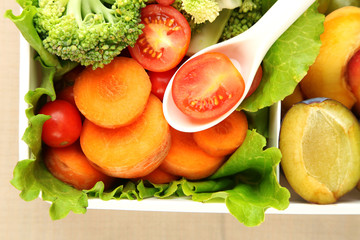 Tasty vegetarian food in plastic box, close up