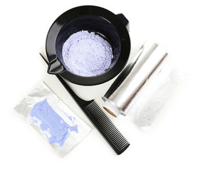 Hairdresser accessories for coloring hair, isolated on white