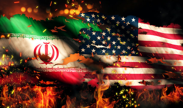 Iran USA Flag War Torn Fire International Conflict 3D