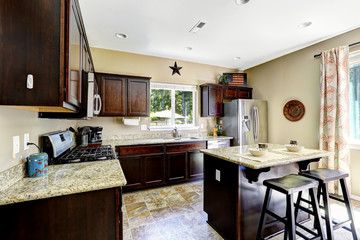 Dark brown cabinets with granite tops. Kitchen room interior