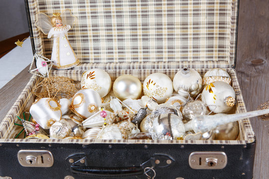 Ancient White Christmas Tree Toys In Antique Suitcase