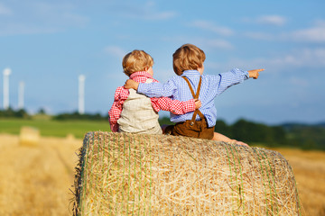 Two little twin boys and friends sitting on hay stack