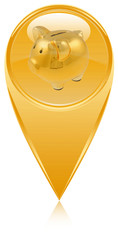 tirelire dorée sur icône bouton épingle pointe marqueur