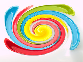 Light blue, green, yellow and pink twirling strips abstract back