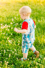 Little Boy Child Running On Green Meadow