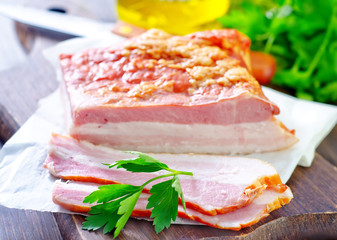 Pieces of smoked pork bacon