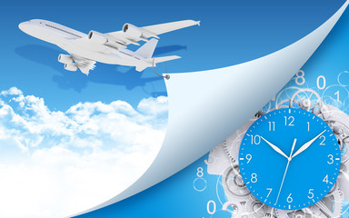 Airplane and clock face, gears with figures