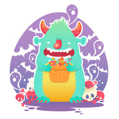 Funny smiling Halloween fluffy monster character
