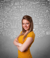Young pretty lady with hand drawn calculations and icons