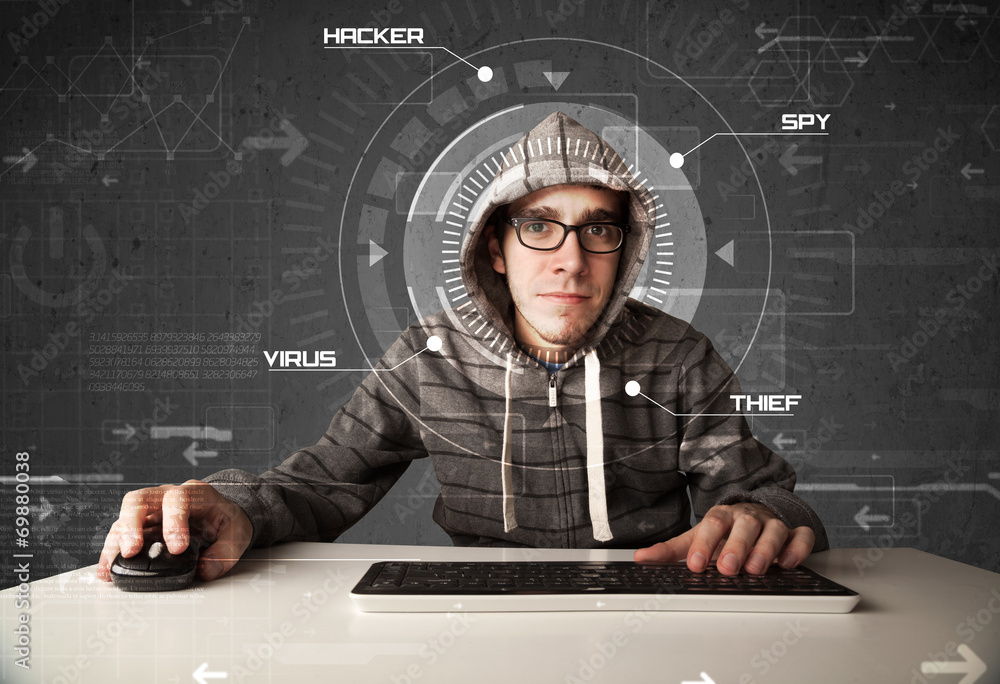Poster young hacker in futuristic enviroment hacking personal informati