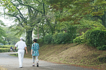 ウォーキングするシニア夫婦