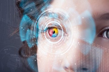 Future woman with cyber technology eye panel concept