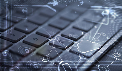 Keyboard with glowing cloud technology icons