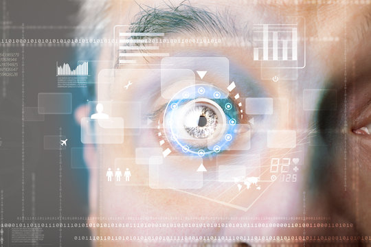 Futuristic modern cyber man with technology screen eye panel