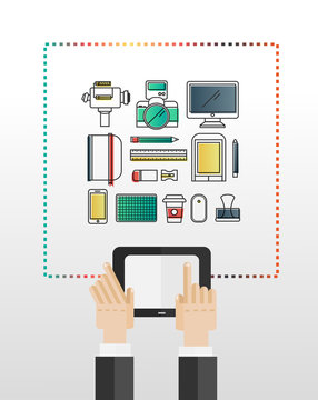 Hands using tablet pc with multimedia icons