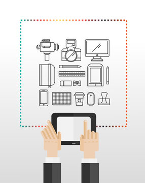 Hands using tablet pc with multimedia icons