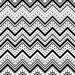 Zig zag seamless pattern with black dots and lines over white ba