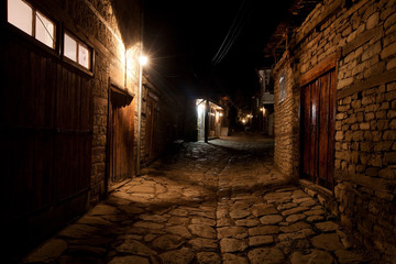 Fototapeta na wymiar empty night street in caucasus mountain village, Lahic, Azerbaij