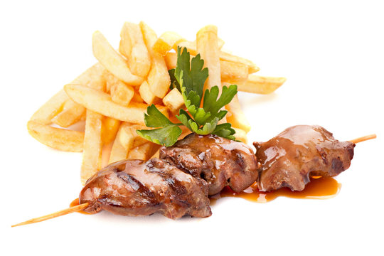 Beef skewers with french fries