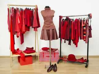 Wardrobe with red clothes on hangers and an outfit on mannequin.