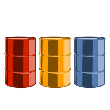 Red, yellow and blue steel oil barrels