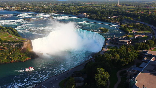 A wide aerial view of the Horseshoe Falls at Niagara Falls