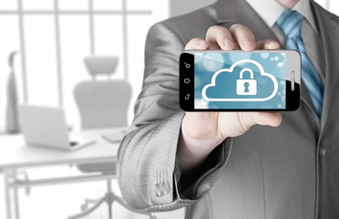 Man holds smart phone with cloud security concept