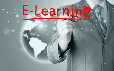 business man writing e-learning concept