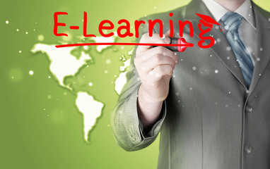 business man writing e-learning concept