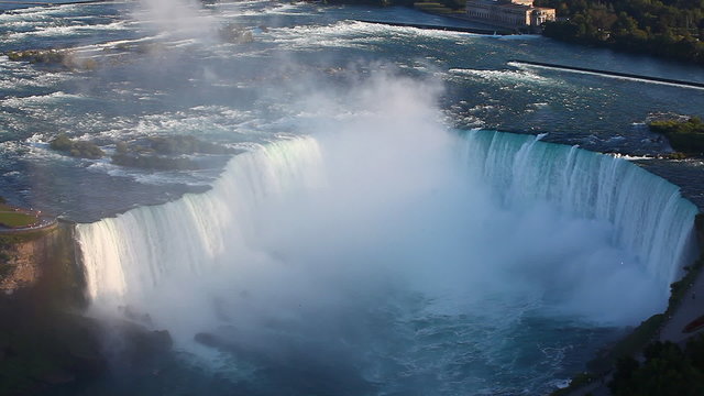 A tight aerial view of the Horseshoe Falls at Niagara Falls