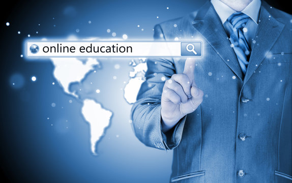 Online education written in search bar on virtual screen.