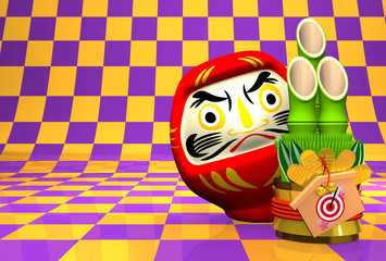 Kadomatsu, Daruma Doll On Purple Text Space