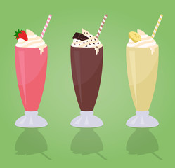 Milkshakes with Cream in Glass - Strawberry - Chocolate - Banana