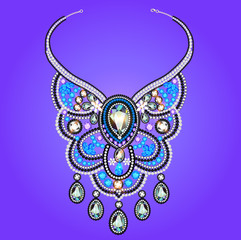 woman's necklace of precious stones on a purple background