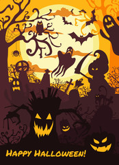 Halloween illustration background with spooky cemetery, bare
