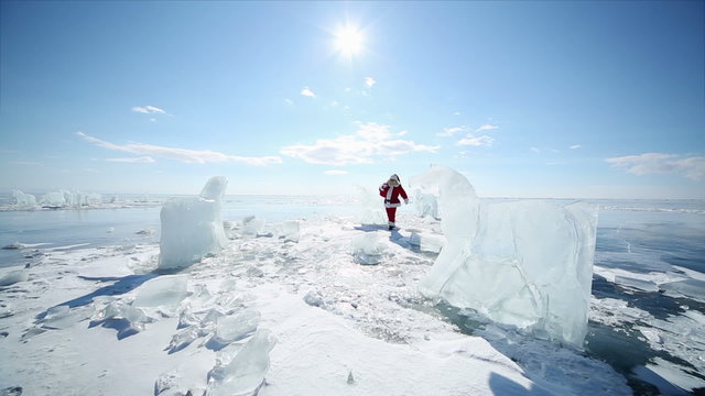 Christmas holidays, Santa Claus walks around the lake Baikal, Si