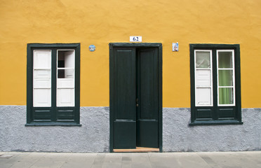 Obraz na płótnie Canvas door and two windows on yellow wall