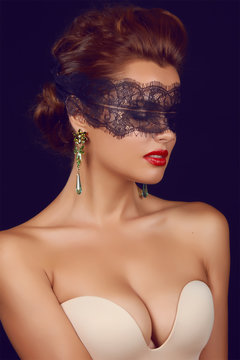 Beautiful sexy woman black lace shoulders neck jewelry earrings