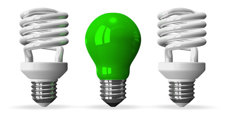 Green tungsten light bulb and two white spiral ones