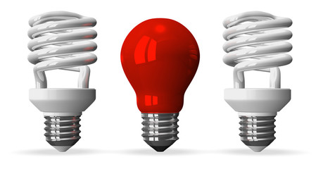 Red tungsten light bulb and two white spiral ones