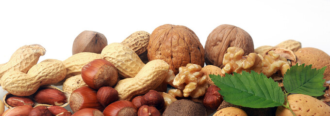 Festive banner of mixed whole fresh nuts