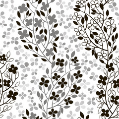 Monochrome seamless pattern of abstract blooming branches.