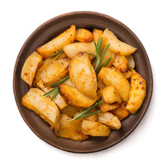 Baked potatoes in a clay pot on a white background