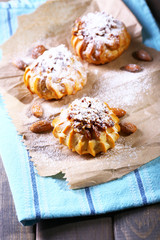 Tasty cakes on table close-up